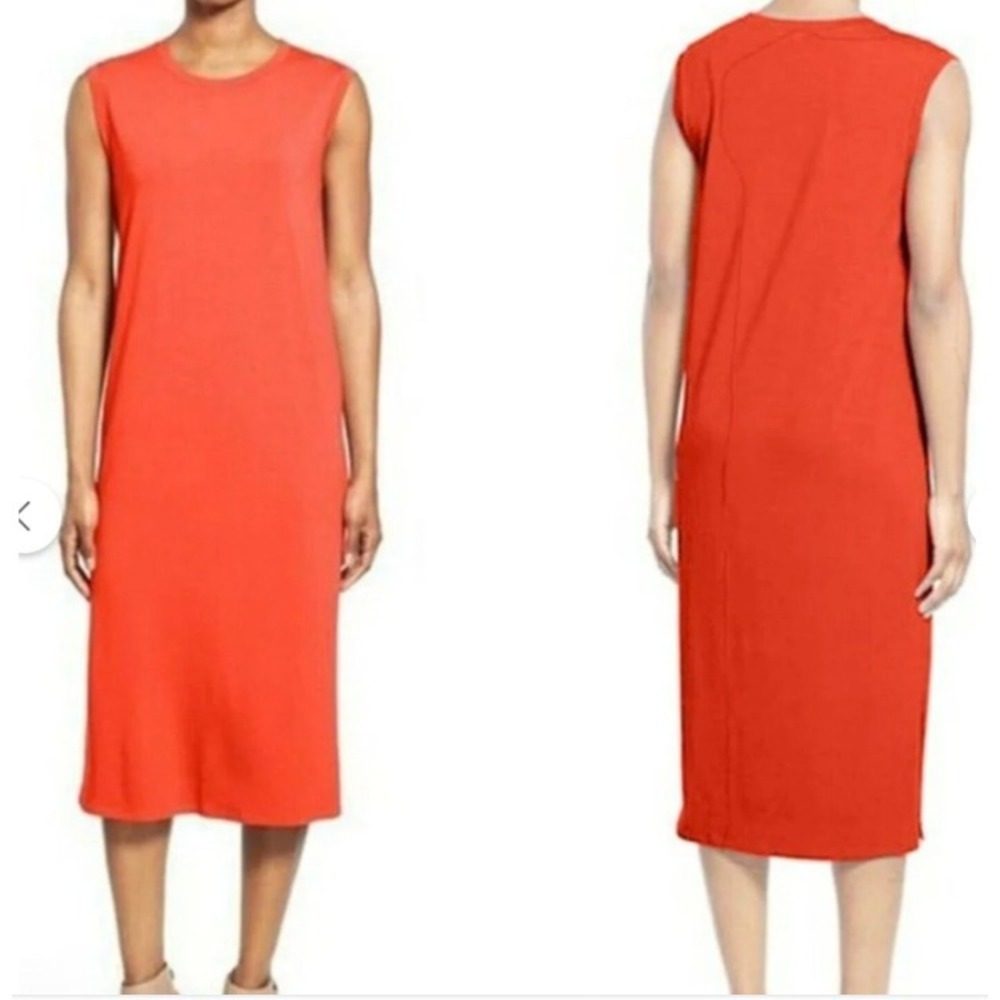 Eileen Fisher Shift Jersey Dress Womens Medium Orange Midi Sleeveless Minimal
